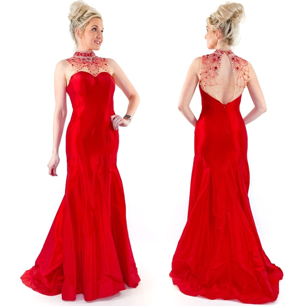 Red Open Back Illusion Prom Dress Pageant Gown